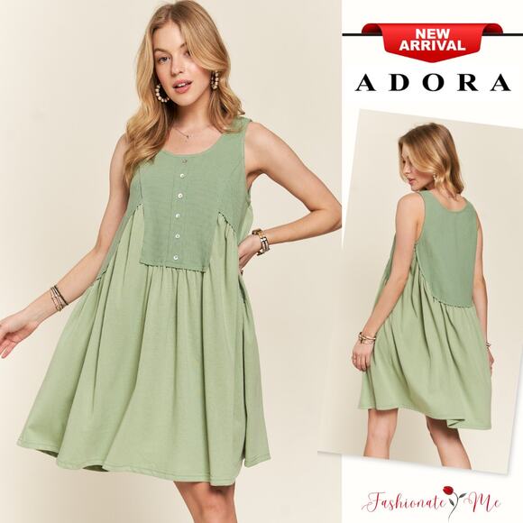 ADORA Decorative Button Sleeveless Raw Edge Detail Babydoll Mini Dress | Sage - Picture 1 of 6